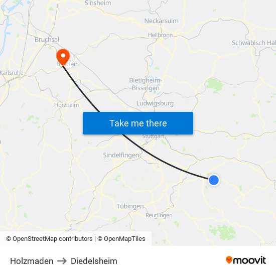 Holzmaden to Diedelsheim map