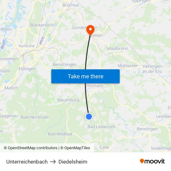 Unterreichenbach to Diedelsheim map