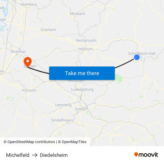 Michelfeld to Diedelsheim map