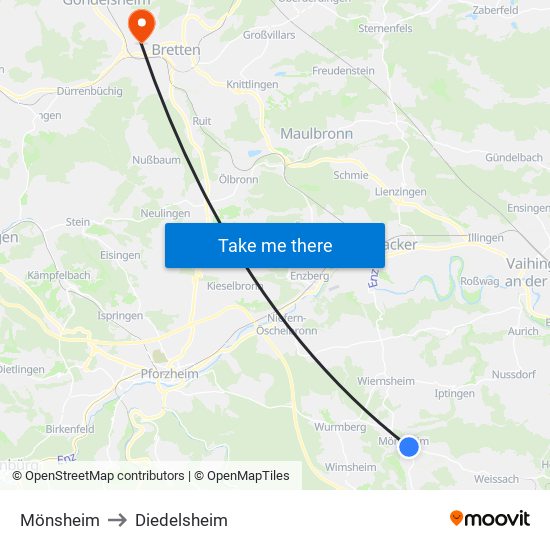 Mönsheim to Diedelsheim map