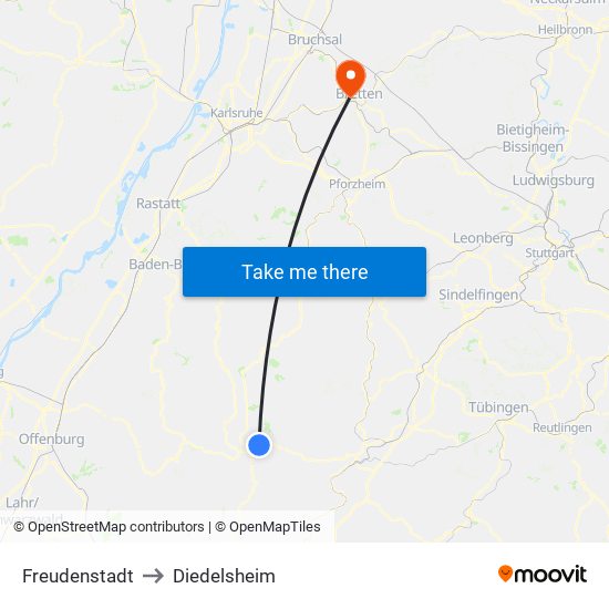 Freudenstadt to Diedelsheim map