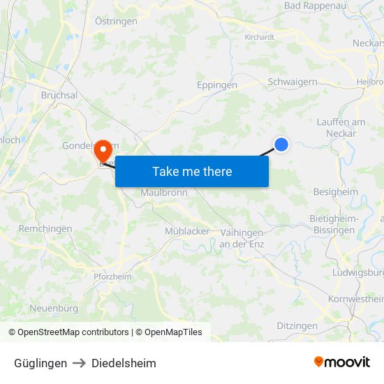 Güglingen to Diedelsheim map