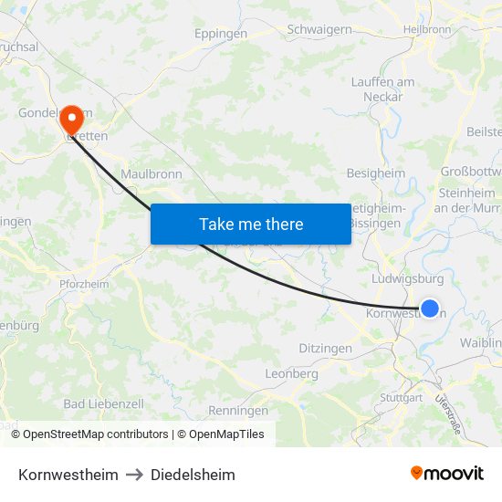 Kornwestheim to Diedelsheim map