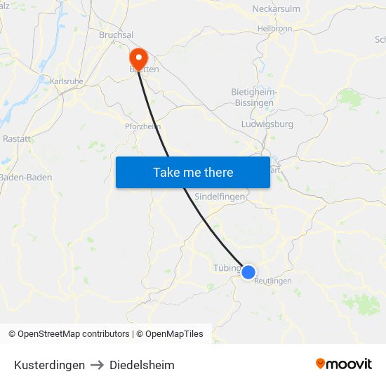 Kusterdingen to Diedelsheim map