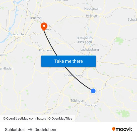 Schlaitdorf to Diedelsheim map