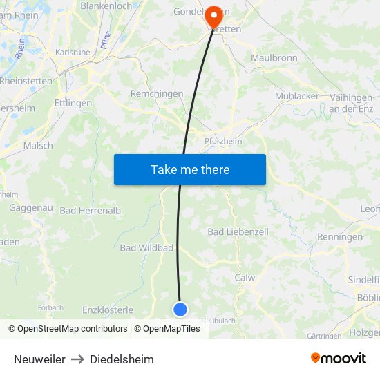 Neuweiler to Diedelsheim map
