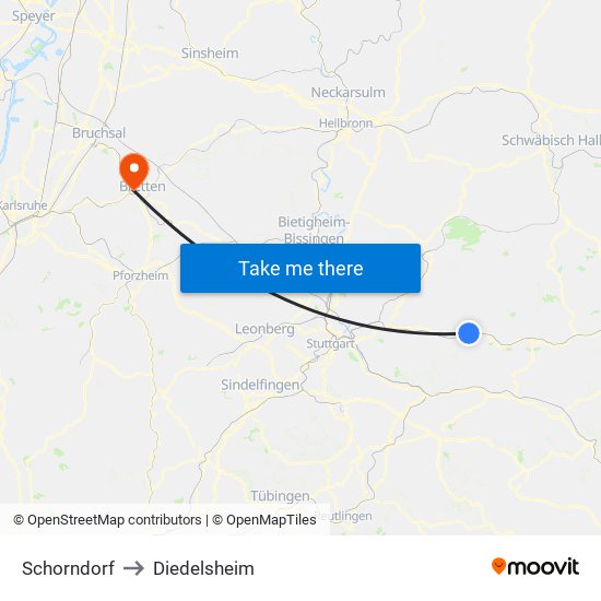Schorndorf to Diedelsheim map
