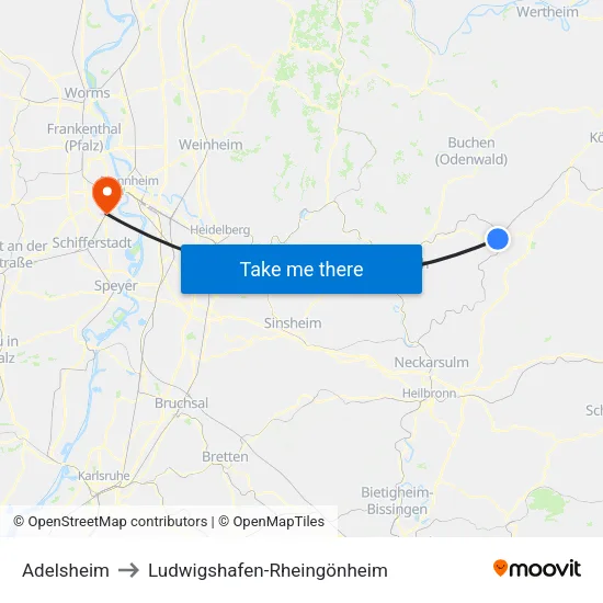 Adelsheim to Ludwigshafen-Rheingönheim map