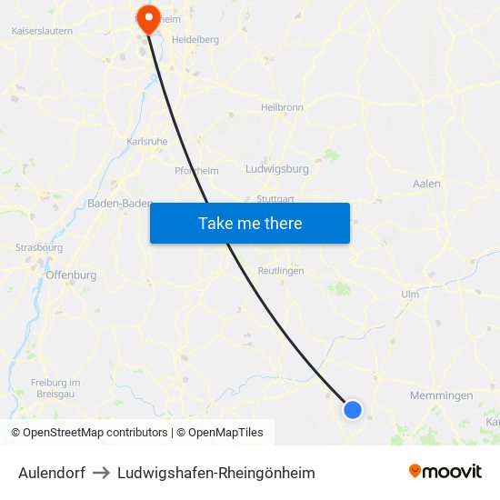 Aulendorf to Ludwigshafen-Rheingönheim map