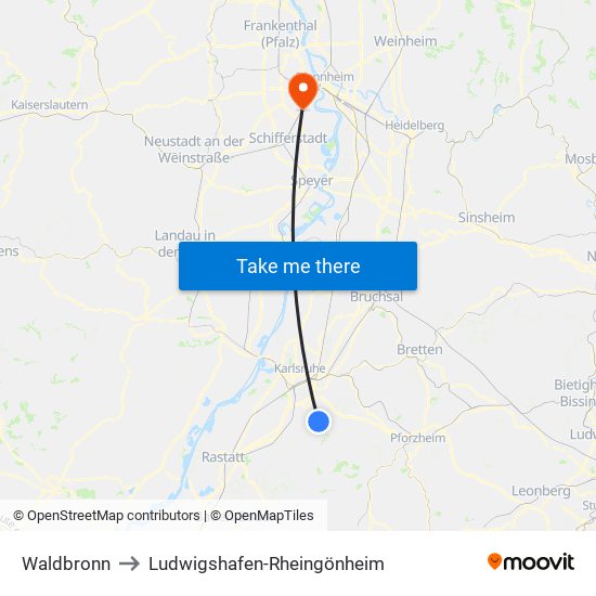 Waldbronn to Ludwigshafen-Rheingönheim map