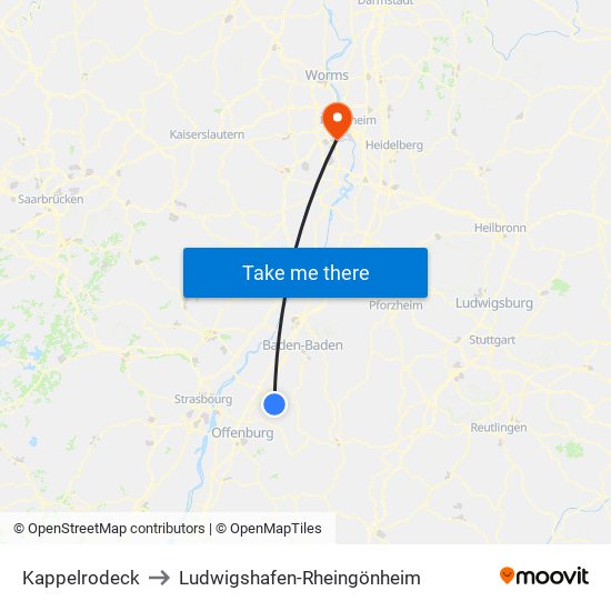 Kappelrodeck to Ludwigshafen-Rheingönheim map