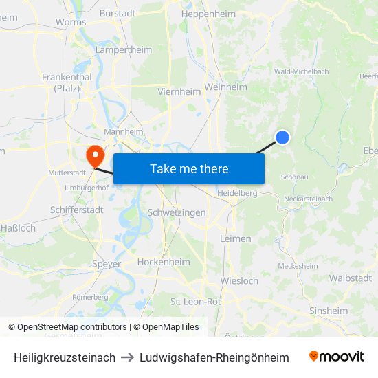 Heiligkreuzsteinach to Ludwigshafen-Rheingönheim map