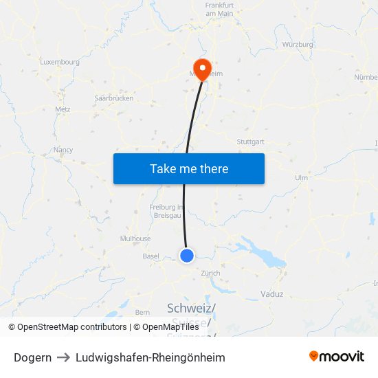 Dogern to Ludwigshafen-Rheingönheim map