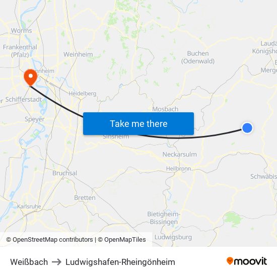 Weißbach to Ludwigshafen-Rheingönheim map