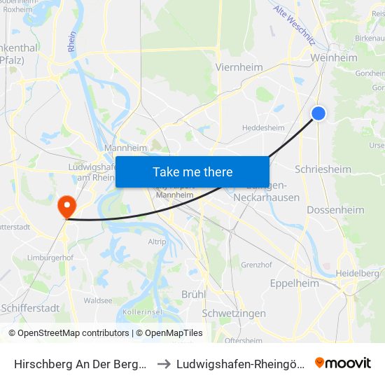 Hirschberg An Der Bergstraße to Ludwigshafen-Rheingönheim map