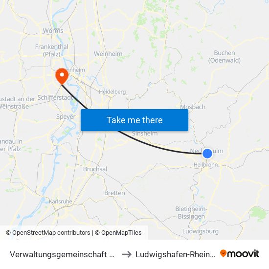 Verwaltungsgemeinschaft Neckarsulm to Ludwigshafen-Rheingönheim map