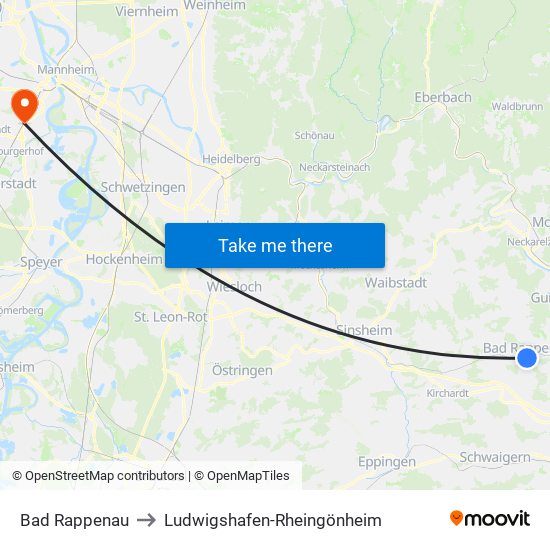 Bad Rappenau to Ludwigshafen-Rheingönheim map