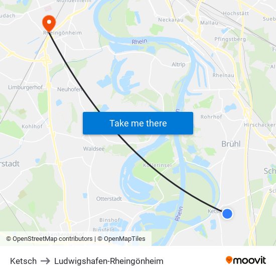 Ketsch to Ludwigshafen-Rheingönheim map