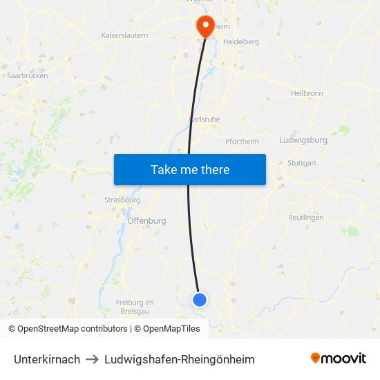 Unterkirnach to Ludwigshafen-Rheingönheim map