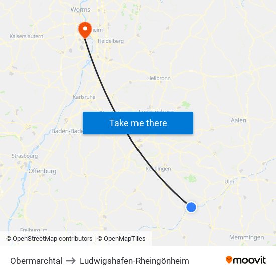 Obermarchtal to Ludwigshafen-Rheingönheim map