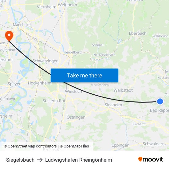 Siegelsbach to Ludwigshafen-Rheingönheim map