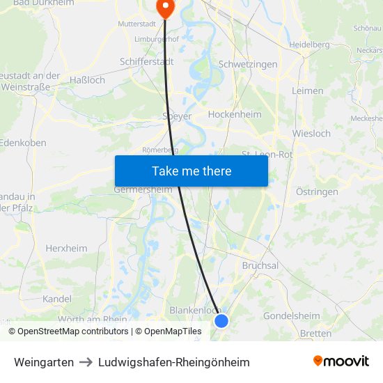 Weingarten to Ludwigshafen-Rheingönheim map