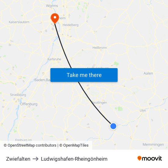 Zwiefalten to Ludwigshafen-Rheingönheim map