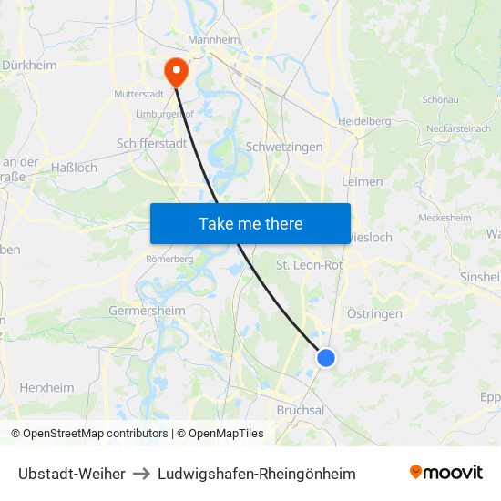 Ubstadt-Weiher to Ludwigshafen-Rheingönheim map