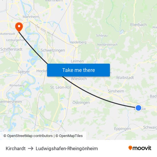 Kirchardt to Ludwigshafen-Rheingönheim map