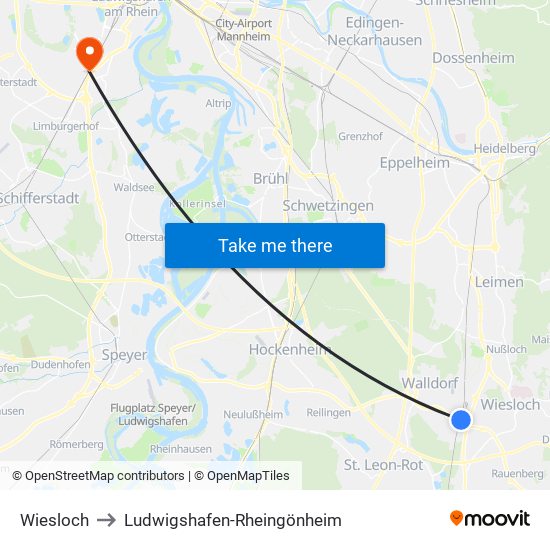 Wiesloch to Ludwigshafen-Rheingönheim map