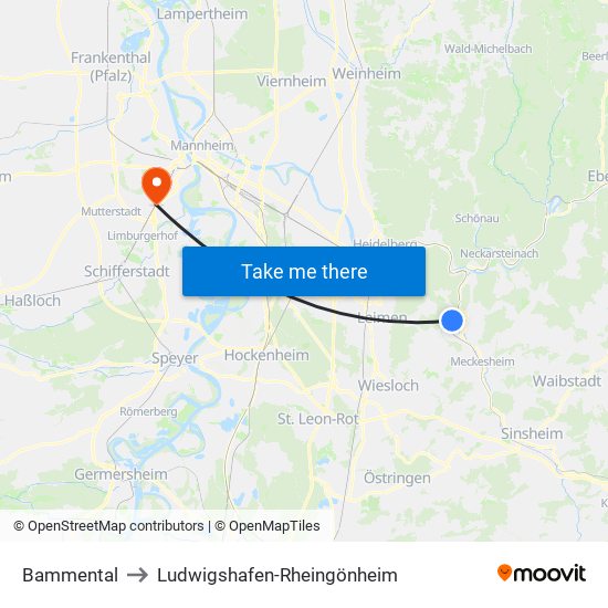 Bammental to Ludwigshafen-Rheingönheim map