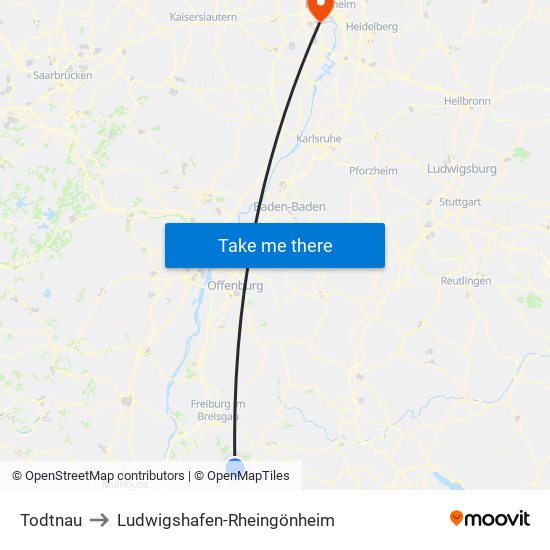 Todtnau to Ludwigshafen-Rheingönheim map