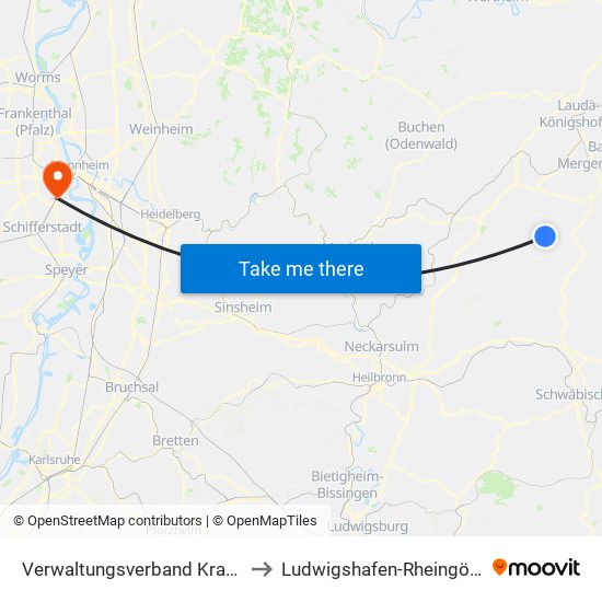 Verwaltungsverband Krautheim to Ludwigshafen-Rheingönheim map