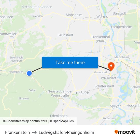 Frankenstein to Ludwigshafen-Rheingönheim map