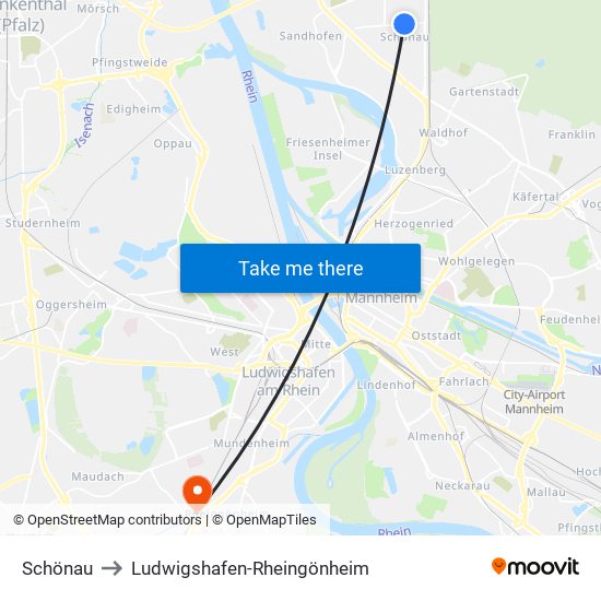 Schönau to Ludwigshafen-Rheingönheim map