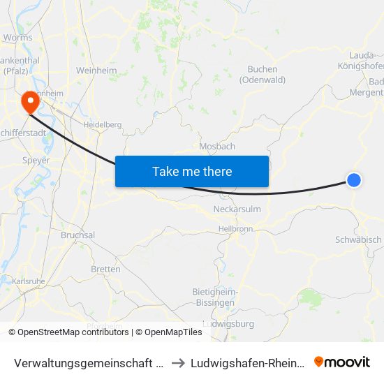 Verwaltungsgemeinschaft Künzelsau to Ludwigshafen-Rheingönheim map