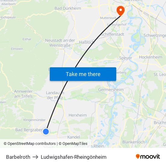 Barbelroth to Ludwigshafen-Rheingönheim map
