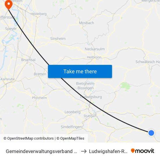 Gemeindeverwaltungsverband Mittleres Fils-Lautertal to Ludwigshafen-Rheingönheim map