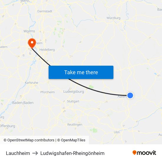 Lauchheim to Ludwigshafen-Rheingönheim map