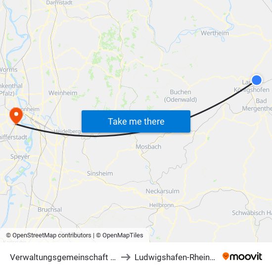 Verwaltungsgemeinschaft Grünsfeld to Ludwigshafen-Rheingönheim map