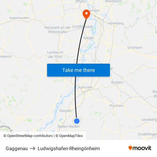 Gaggenau to Ludwigshafen-Rheingönheim map