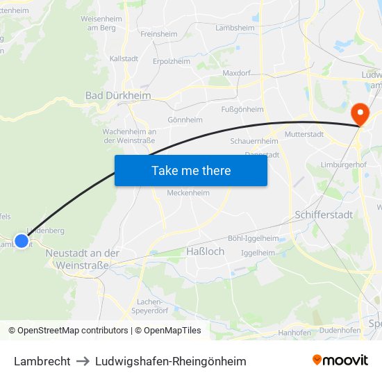 Lambrecht to Ludwigshafen-Rheingönheim map