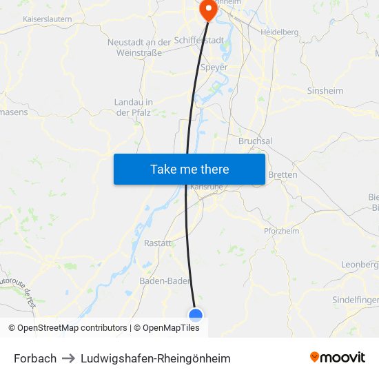 Forbach to Ludwigshafen-Rheingönheim map