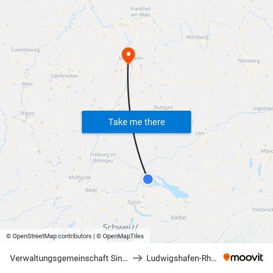 Verwaltungsgemeinschaft Singen (Hohentwiel) to Ludwigshafen-Rheingönheim map