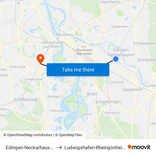 Edingen-Neckarhausen to Ludwigshafen-Rheingönheim map