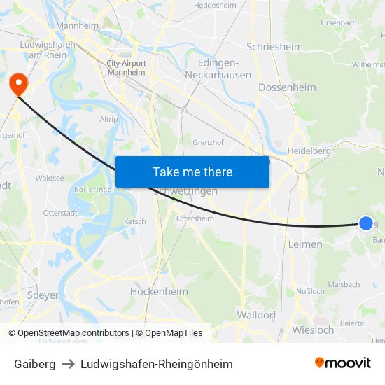 Gaiberg to Ludwigshafen-Rheingönheim map