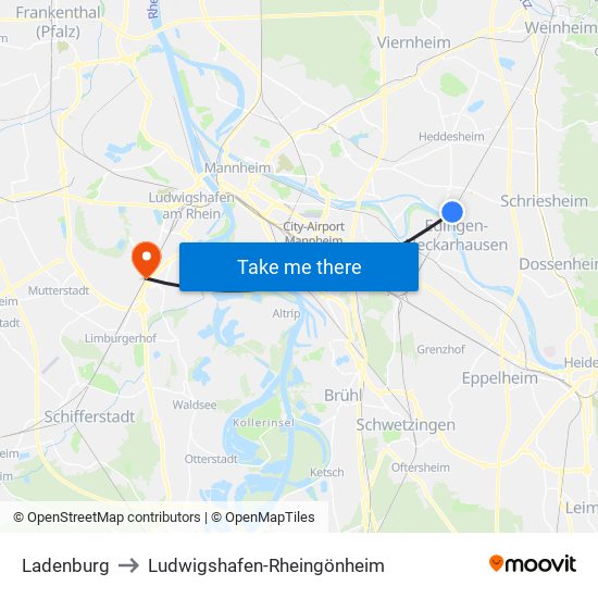 Ladenburg to Ludwigshafen-Rheingönheim map