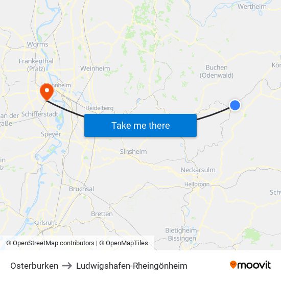 Osterburken to Ludwigshafen-Rheingönheim map