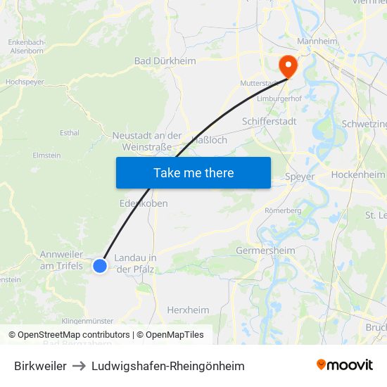 Birkweiler to Ludwigshafen-Rheingönheim map