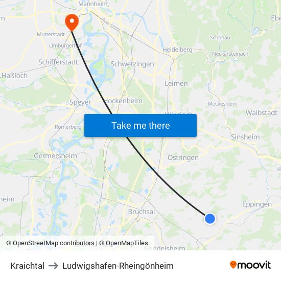 Kraichtal to Ludwigshafen-Rheingönheim map